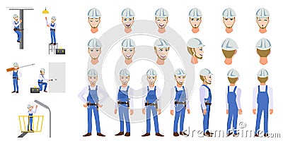Electrician Technician worker cartoon character head set and animation. Flat icon vector Vector Illustration