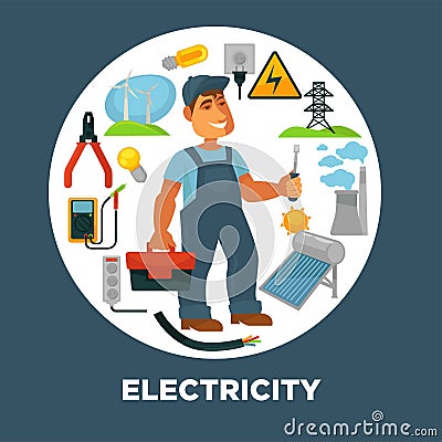 Electrician with toolkit surrounded with electricity sources and tools. Vector Illustration
