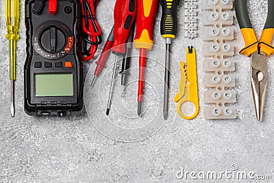 Electrician tools on background. Stock Photo