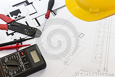 Electrician tools , instruments and project design Stock Photo