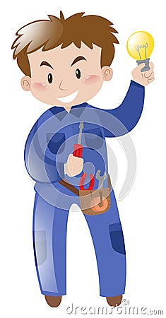 Electrician with tools and lightbulb Vector Illustration