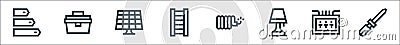Electrician tools and line icons. linear set. quality vector line set such as awl, fuse box, table lamp, copper cable, ladder, Vector Illustration