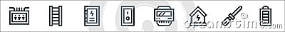 Electrician tools and line icons. linear set. quality vector line set such as battery status, awl, electricity, electric meter, Vector Illustration
