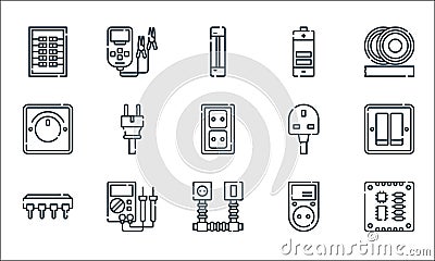 electrician tools and line icons. linear set. quality vector line set such as pcb board, cable, electrical circuit, power meter, Vector Illustration