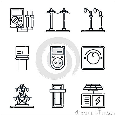 electrician tools and line icons. linear set. quality vector line set such as solar panel, power, pylon, dimmer, power meter, Vector Illustration