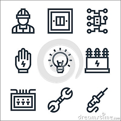 electrician tools and line icons. linear set. quality vector line set such as soldering iron, wrench, fuse box, transformer, light Vector Illustration