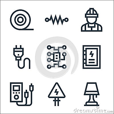 Electrician tools and line icons. linear set. quality vector line set such as table lamp, electrical danger, multimeter, Vector Illustration