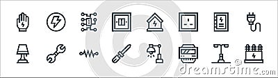 Electrician tools and line icons. linear set. quality vector line set such as transformer, electric meter, awl, table lamp, Vector Illustration