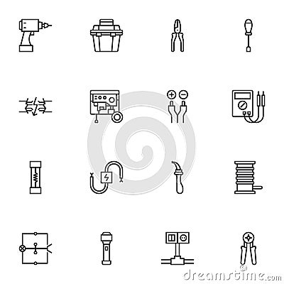 Electrician tools line icons set Vector Illustration