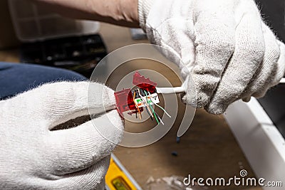 An electrician in white gloves is installing a network cable for the RJ45 module to the computer socket in the room. Stock Photo