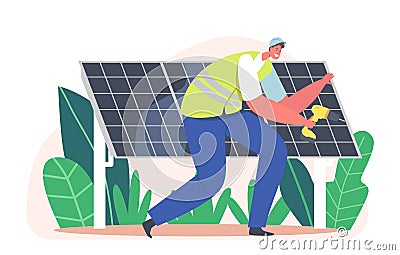 Electrician Worker Installing Solar Panels, Alternative Clean Energy Concept with Engineer Character with Instrument Vector Illustration