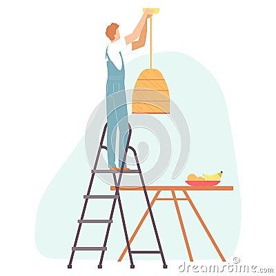 Electrician worker standing on the stairs hangs a chandelier. Man making house or home apartment interior renovation. Cartoon flat Vector Illustration