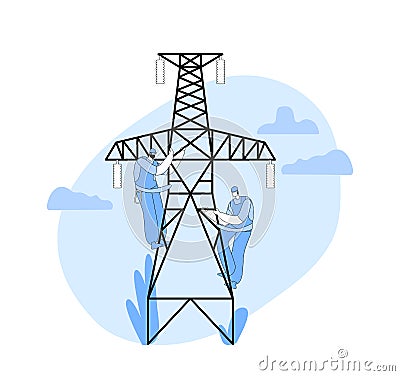 Electrician Workers Characters With Tools And Equipment Work On Electric Transmission Tower. Energy Station Maintenance Vector Illustration