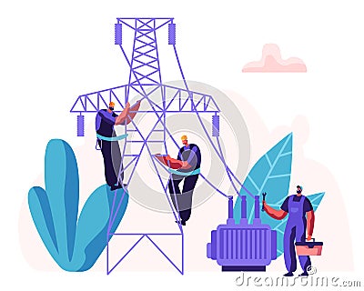 Electrician Workers Repairing Power Line. Electrical Facilities Concept with Repairman Engineer in Uniform at Wiring Maintenance Vector Illustration