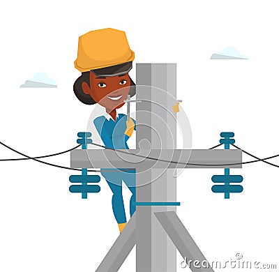 Electrician working on electric power pole. Vector Illustration