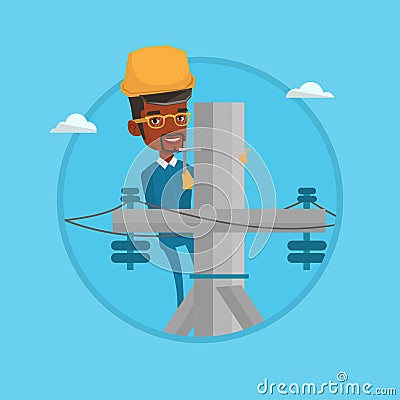 Electrician working on electric power pole. Vector Illustration