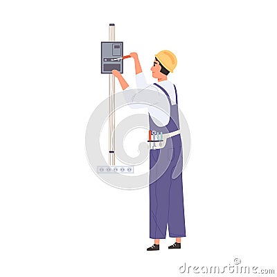 Electrician working with electricity and switchboard, repairing and fixing electrical wiring system. Worker work with Vector Illustration