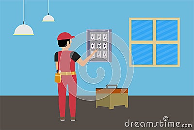 Electrician working on house electric board with a screwdriver vector. Man working on an electric board and fixing electricity Vector Illustration