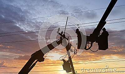 Electrician works high voltage Stock Photo