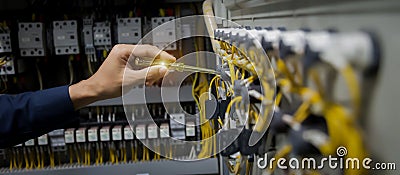 Electricians hands testing current electric in control panel Stock Photo