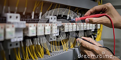 Electricians hands testing current electric in control panel Stock Photo