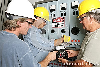 Electricians on High Voltage Stock Photo