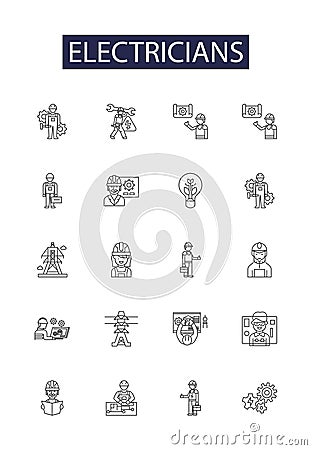 Electricians line vector icons and signs. Electrician, Electric, Wiring, Power, Electrical, Panel, Cable, Lighting Vector Illustration