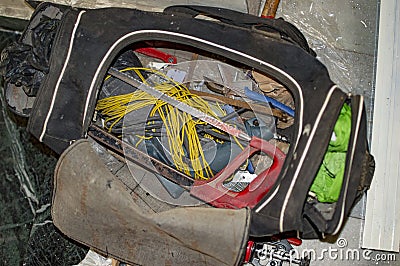 Electricians repair kit with tools and wires Stock Photo