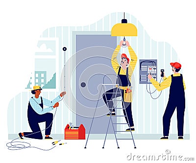 Electricians work with wiring and lighting, flat vector illustration isolated. Vector Illustration