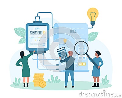 Electricity bill payment and inspection, people check readings of electric meter to pay Vector Illustration