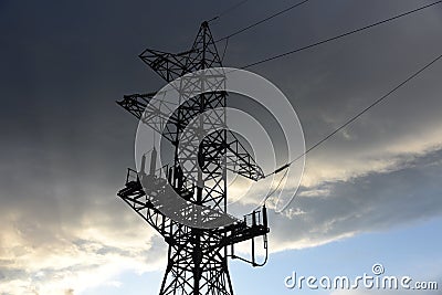 Electricity concept, high voltage power lines. High voltage electric transmission pylon tower. Wire electrical energy Stock Photo