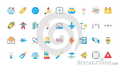 Electricity, electric circuit symbols flat icons set, equipment of electrician. Vector Illustration