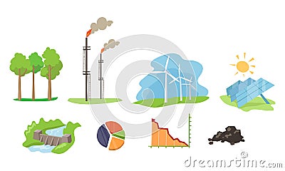 Electricity and energy sources set, wind, hydro, solar power generation facilities vector Illustration on a white Vector Illustration