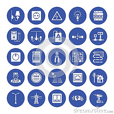 Electricity engineering vector flat glyph icons. Electrical equipment, power socket, torn wire, energy meter, lamp Vector Illustration