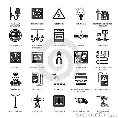 Electricity engineering vector flat glyph icons. Electrical equipment, power socket, torn wire, energy meter, lamp Vector Illustration