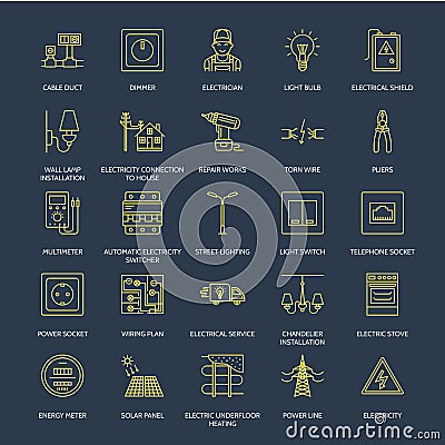 Electricity engineering vector flat line icons. Electrical equipment, power socket, torn wire, energy meter, lamp Vector Illustration