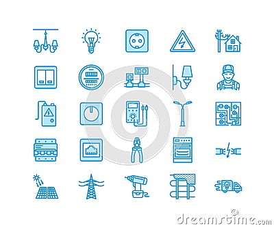 Electricity engineering vector flat line icons. Electrical equipment, power socket, torn wire, energy meter, lamp Vector Illustration