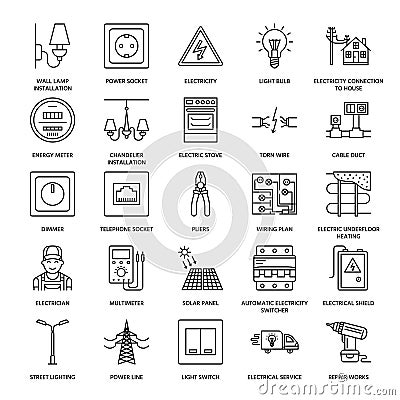 Electricity engineering vector flat line icons. Electrical equipment, power socket, torn wire, energy meter, lamp Vector Illustration