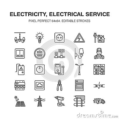 Electricity engineering vector flat line icons. Electrical Vector Illustration