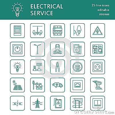 Electricity engineering vector flat line icons. Electrical equipment, power socket, torn wire, energy meter, lamp Vector Illustration