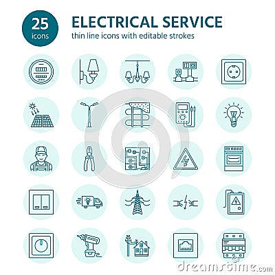 Electricity engineering vector flat line icons. Electrical equipment, power socket, torn wire, energy meter, lamp Vector Illustration