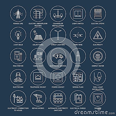Electricity engineering vector flat line icons. Electrical equipment, power socket, torn wire, energy meter, lamp Vector Illustration
