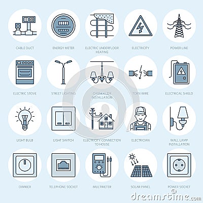 Electricity engineering vector flat line icons. Electrical equipment, power socket, torn wire, energy meter, lamp Vector Illustration