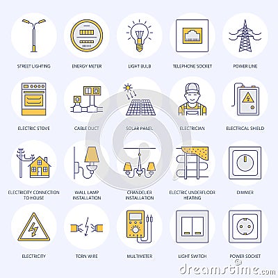 Electricity engineering vector flat line icons. Vector Illustration