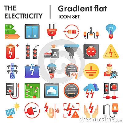 Electricity flat icon set, power symbols collection, vector sketches, logo illustrations, electrician energy signs color Vector Illustration