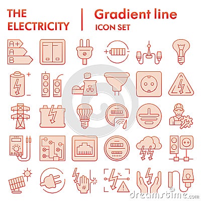 Electricity flat icon set, power symbols collection, vector sketches, logo illustrations, electrician energy signs red Vector Illustration