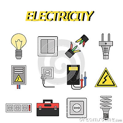 Electricity flat icons set Vector Illustration