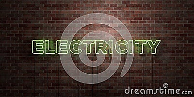 ELECTRICITY - fluorescent Neon tube Sign on brickwork - Front view - 3D rendered royalty free stock picture Stock Photo