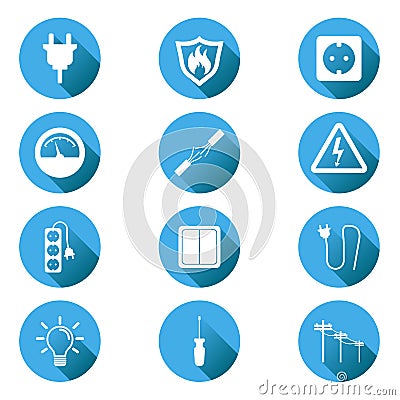 Electricity icon. Vector illustration in flat style on blue circle background with shadow. Vector Illustration