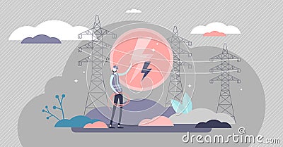 Electricity industry concept, flat tiny electrician worker person vector illustration Vector Illustration